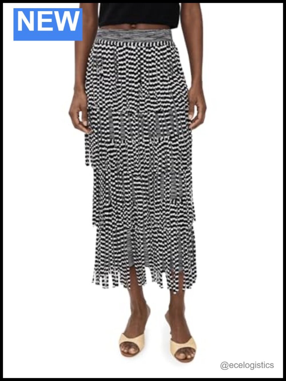 SIMONMILLER Midi Knit Skirt Tiered Fringe - Black White Space Dye